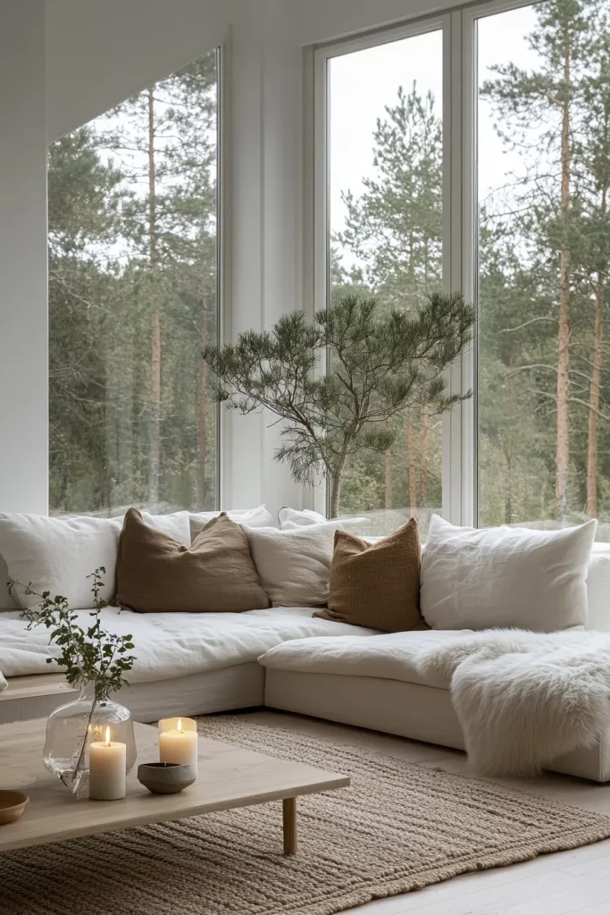 Interior acogedor con velas y mantas reflejando el espíritu hygge